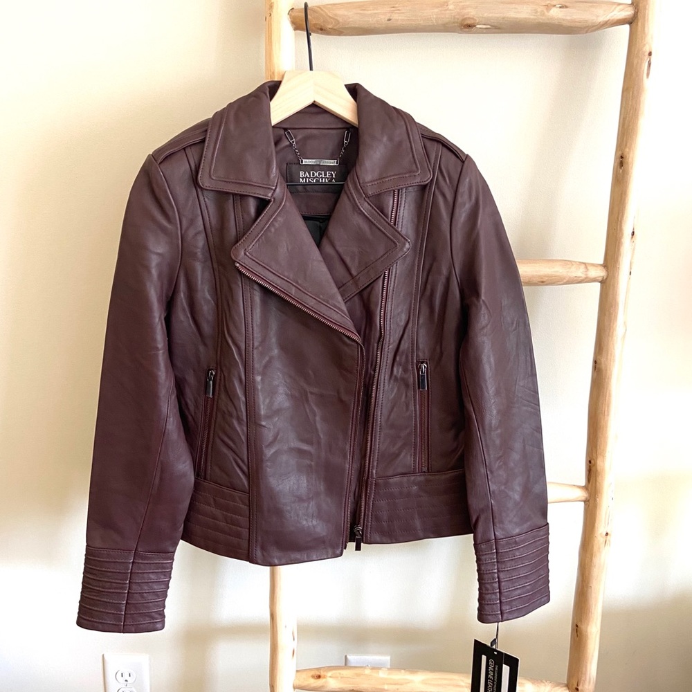 🔖 XS BADGLEY MISCHA Gia Leather Biker Jacket Wine